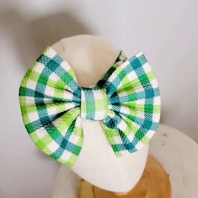 Green Plaid Knit Hair Bow - Headwrap - Clip - Pigtail - Headband - Saint Patrick - Good Luck - St Patty - Green - Tartan - Lime - image3